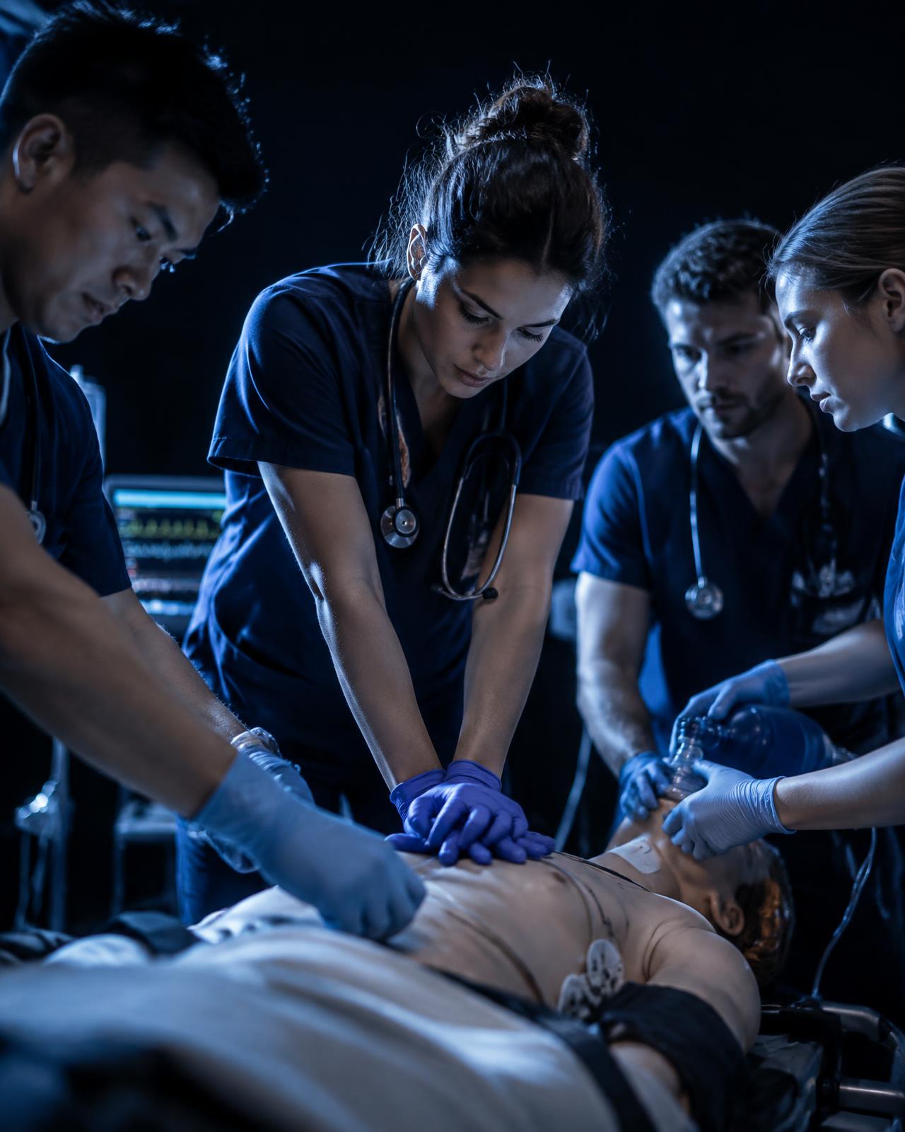 Equipe de saúde em treinamento de atendimento ao paciente traumatizado
